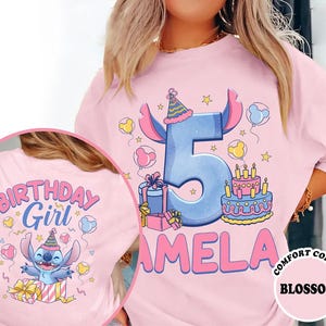 a woman wearing a pink birthday shirt with the number five on it