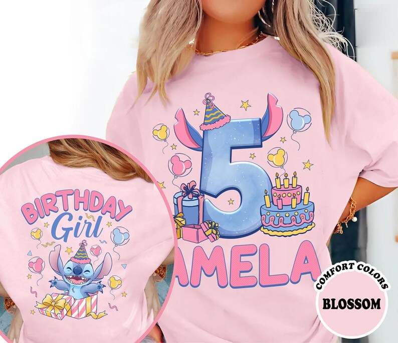 a woman wearing a pink birthday shirt with the number five on it