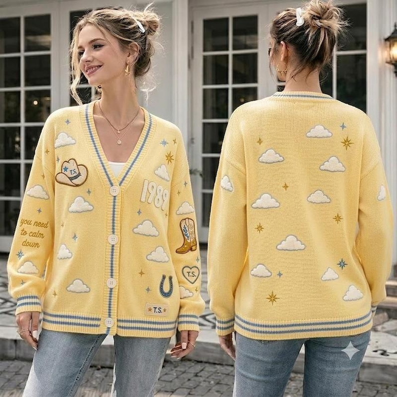 TS 1989 Inspired Yellow Cardigan, Cloud Knit Sweater, Cozy Button Up Cardigan, Music Fan Gift, Vintage Knitwear, Aesthetic Womens Cardigan image 1
