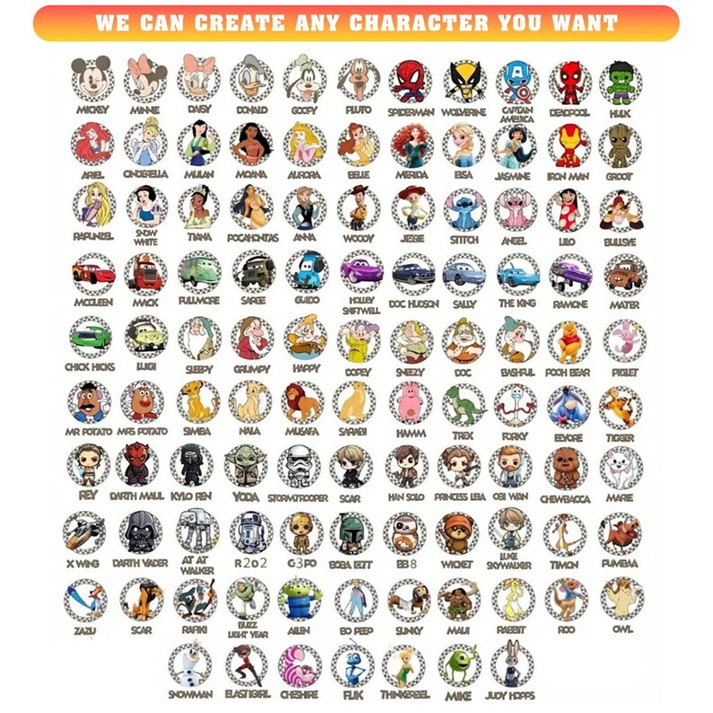 a grid of various cartoon character icons, including characters from popular media such as Disney, Marvel, and Star Wars. The icons are arranged in a visually appealing manner, showcasing a diverse range of characters from different media franchises.