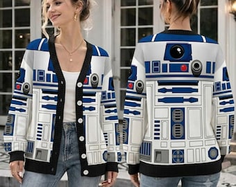 R2-D2-Strickjacke, vom Film inspirierter Pullover, R2-D2-Cosplay-Strickjacke, Halloween-Kostüm, Filmkleidung, Freizeitpark-Outfit, Geschenk für Geeks