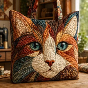 May include: A quilted tote bag featuring a detailed cat face design in shades of orange, brown, and blue. The cat has large teal eyes and stitched whiskers. The name Milo is embroidered in cursive script in the bottom right corner of the bag.