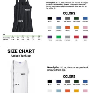 a women's tank top with measurements and colors