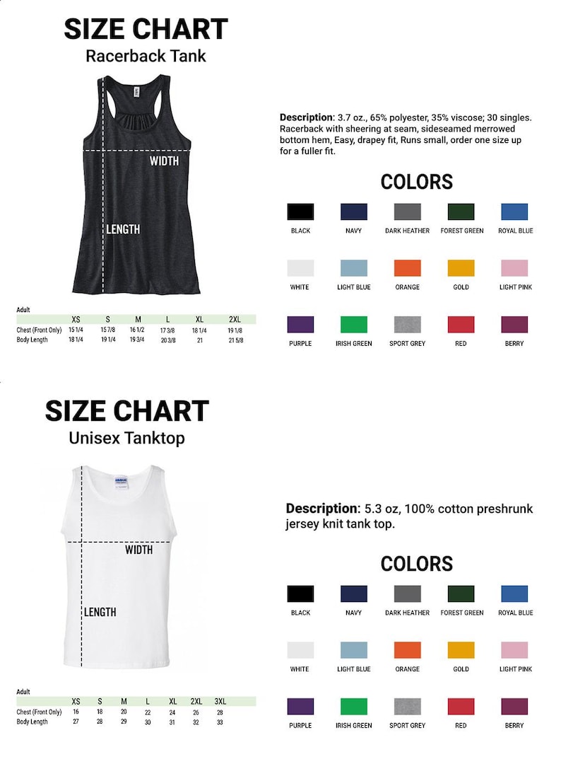 a women's tank top with measurements and colors