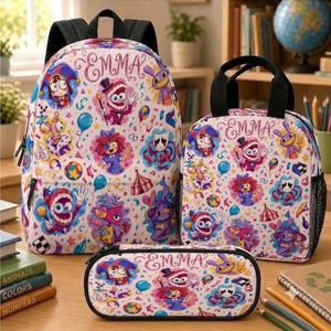Personalized Amazing Digital Circus Backpack Set, Custom Name TADC School Bag, Lunch Bag & Pencil Case Cartoon Gift, Back to School Gift
