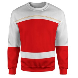 A white and red long-sleeved sweater with a red stripe across the chest.