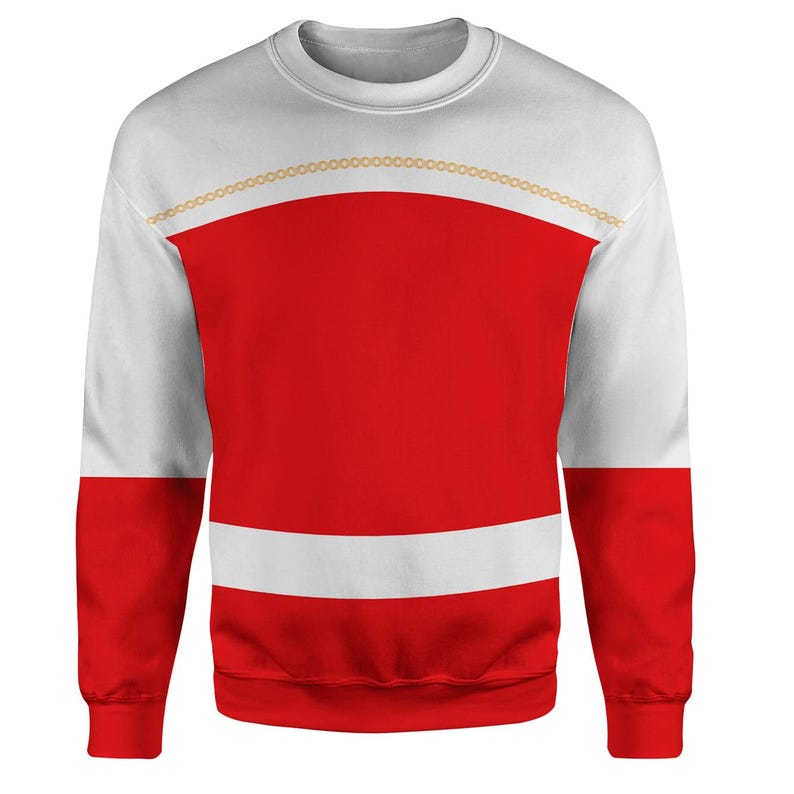 A white and red long-sleeved sweater with a red stripe across the chest.