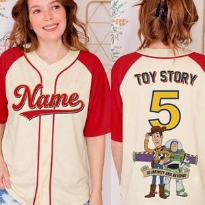 Personalized Toy Story Woody Buzz Baseball Jersey, To Infinity And Beyond, Custom Birthday Baseball Shirt, Disneyland Trip, Movie Lover Gift image 1