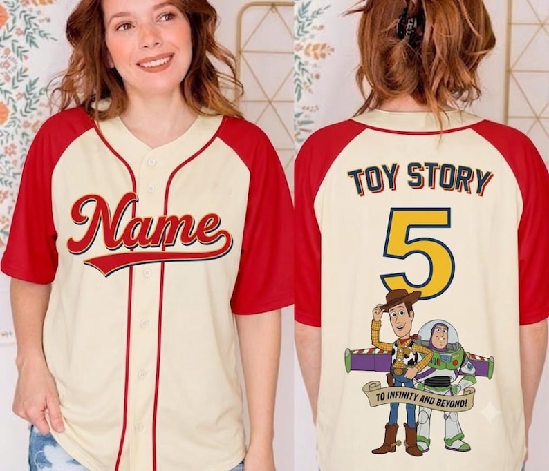 Personalized Toy Story Woody Buzz Baseball Jersey, To Infinity And Beyond, Custom Birthday Baseball Shirt, Disneyland Trip, Movie Lover Gift image 1