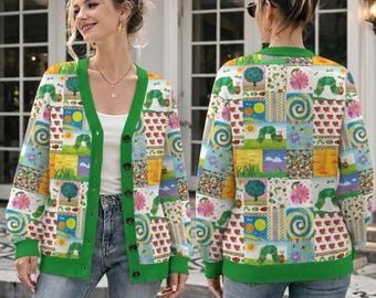 Cardigan con il Bruco Maisazio, maglione ispirato al libro di fiabe di Eric Carle, maglieria patchwork da donna, regalo per insegnante, bibliotecaria, camicia con scollo a V e bottoni