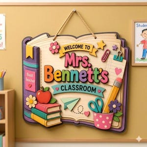Personalized Book Shaped Teacher Sign, Classroom Wooden Door Hanger, Custom Book Shaped Name Plate, Back to School Gift, New Teacher Gift