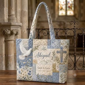 Personalized Floral Dove Quilted Tote Bag, Vintage Christian Cross Floral Bag, Custom Name God Is Love Bag Gift, Custom Faith Church Bag