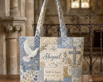Personalized Floral Dove Quilted Tote Bag, Vintage Christian Cross Floral Bag, Custom Name God Is Love Bag Gift, Custom Faith Church Bag
