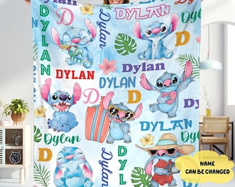 Manta de Stitch personalizada con acuarela, manta de Stitch de Disneyland, manta de película de dibujos animados, regalo de cumpleaños personalizado de Stitch, manta con nombre personalizado