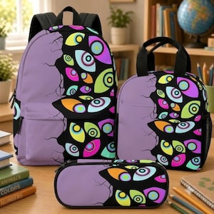 Conjunto de mochila TADC Neon Abstract Eyes, la increíble mochila escolar Digital Circus, mochila lavanda, lonchera y estuche para lápices, regalo de regreso a clases