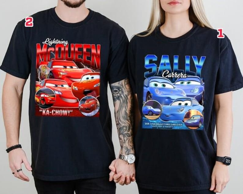 Comfort Colors Lightning McQueen And Sally Couple Shirt, Disneyland Cars Couple Matching Tee, Lightning McQueen Shirt, Walt Disneyworld Tees image 2