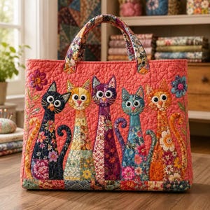 May include: A quilted tote bag in a vibrant coral pink colour featuring five stylised cats with large white eyes. Each cat is decorated with a unique floral pattern in shades of blue, yellow, purple, and orange. The bag has two matching handles.