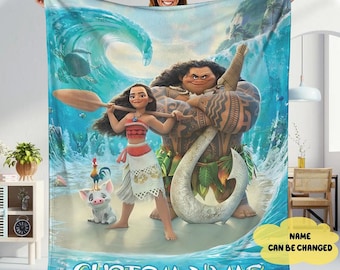 Personalized Moana Princess Blanket, Custom Name Princess With Pig Chicken Beach Blanket, Magic Kingdom Characters Blanket, Princess Blanket