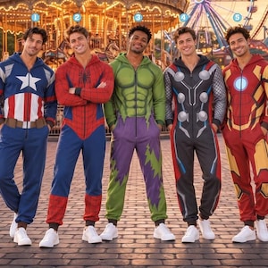 Pode incluir: Cinco macacões com capuz com designs de super-heróis: Capitão América com uma estrela, Homem-Aranha com padrão de teia, Hulk com músculos verdes e calças roxas, Thor com detalhes de armadura e Homem de Ferro com um reator, todos com zíperes.