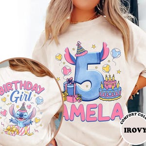 a woman wearing a birthday shirt with the number five on it