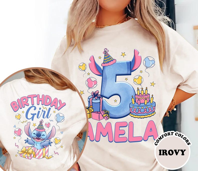 a woman wearing a birthday shirt with the number five on it