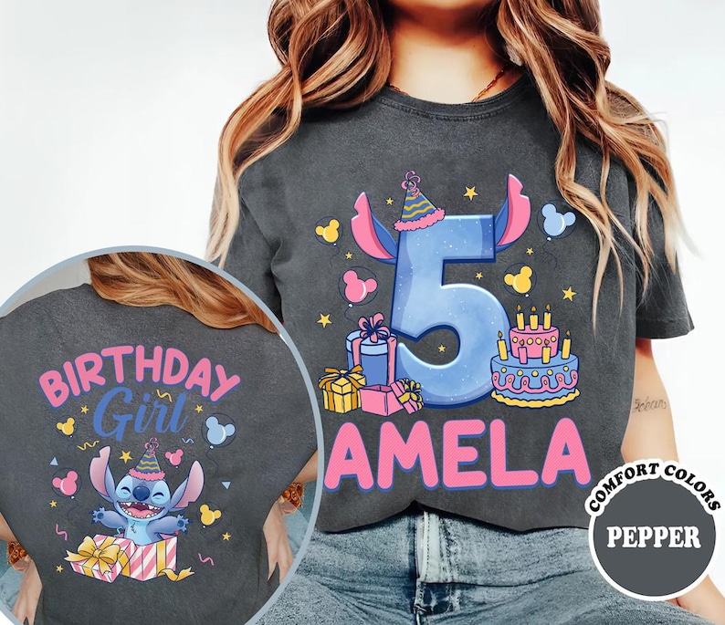a girl wearing a birthday shirt with the number five on it