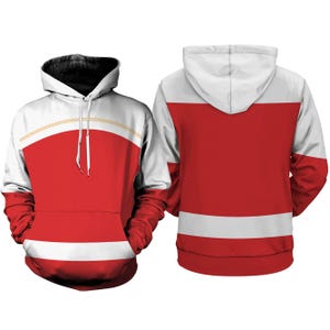 A red and white hooded sweatshirt with a white stripe down the center.