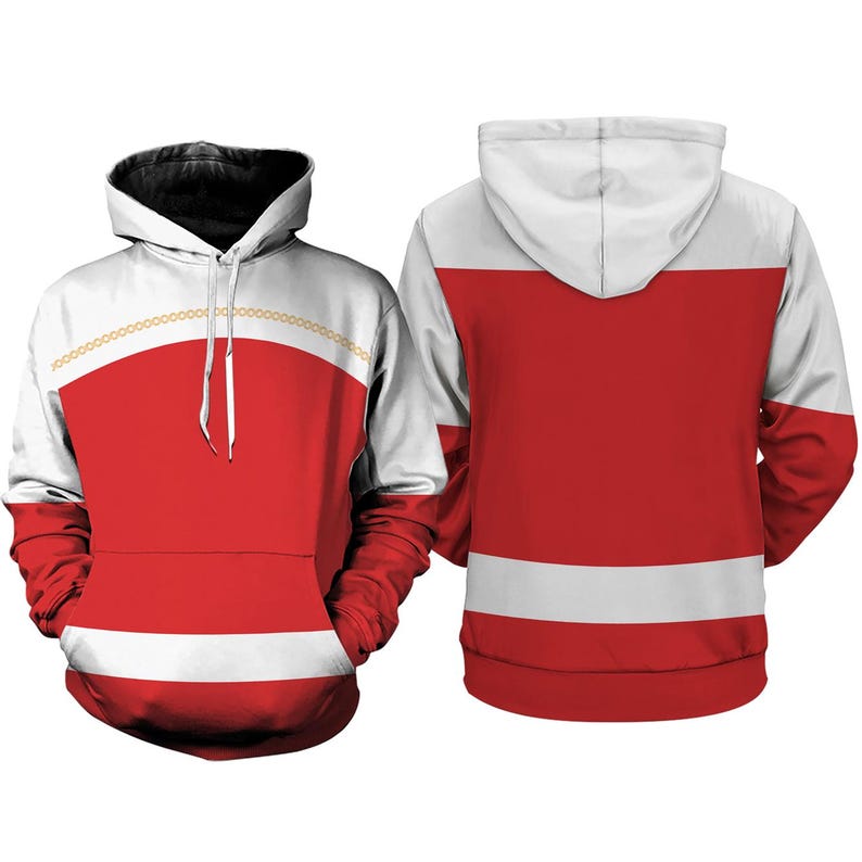 A red and white hooded sweatshirt with a white stripe down the center.
