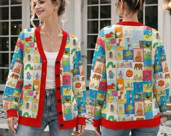 Cardigan con tema libri per bambini, Leggo ancora libri per bambini, Regalo per insegnanti, Maglione nostalgico con tema libri di fiabe, Giacca lavorata a maglia da bibliotecario