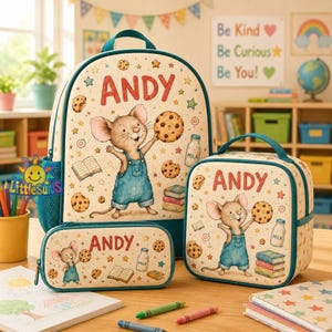 Op de afbeelding: Een crèmekleurige set bestaande uit een rugzak, lunchtas en etui met een cartoonmuis in een blauwe tuinbroek die een koekje vasthoudt. Elk item toont de naam ANDY in rode letters, samen met illustraties van melk, boeken en sterren.