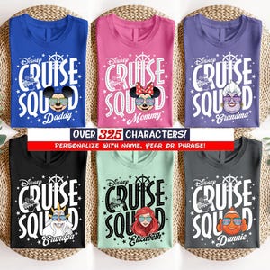 a collection of six Disney cruise ship-themed t-shirts, each with a different character printed on it. The t-shirts feature various characters such as Minnie Mouse, Mickey Mouse, and Donald Duck, along with the words "Disney Cruise Squad" and "Disney Cruise" printed on them. The t-shirts are arranged in a grid, with three t-shirts on the top row and three t-shirts on the bottom row.
