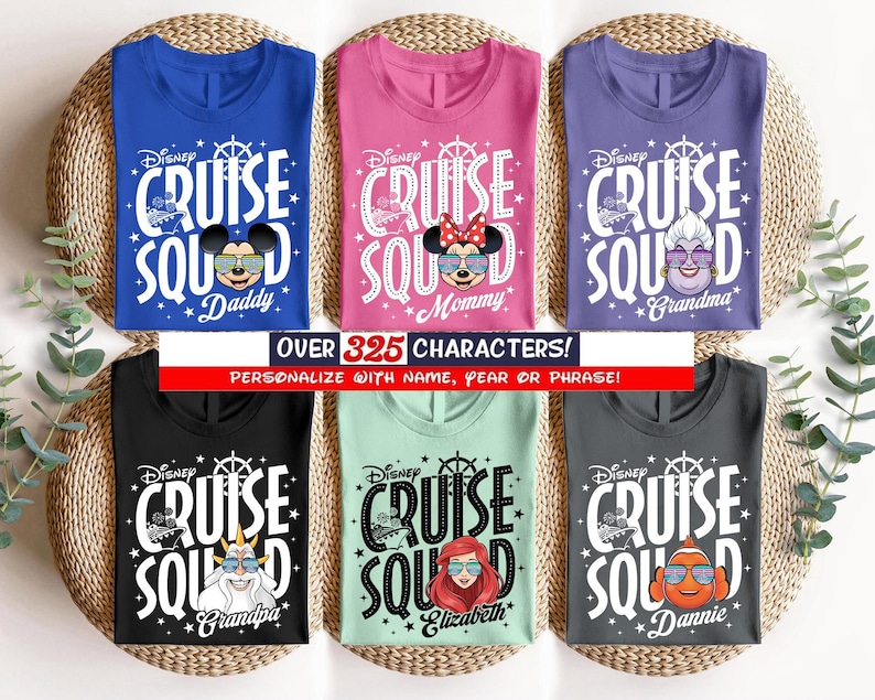 a collection of six Disney cruise ship-themed t-shirts, each with a different character printed on it. The t-shirts feature various characters such as Minnie Mouse, Mickey Mouse, and Donald Duck, along with the words "Disney Cruise Squad" and "Disney Cruise" printed on them. The t-shirts are arranged in a grid, with three t-shirts on the top row and three t-shirts on the bottom row.