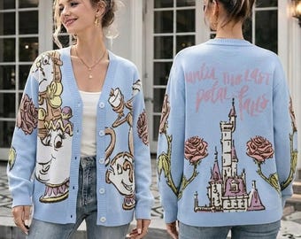 Beauty And The Beast Cardigan, Light Blue Knit Sweater, Enchanted Rose Design, Gift For Disneyland Movie Fans, Retro Castle Theme Knitwear