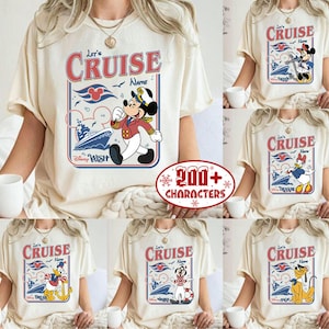 The image is a collage of six images featuring a person wearing a white t-shirt with a Disney cruise-themed design. The t-shirt has a Mickey Mouse and Minnie Mouse motif, along with a cruise ship and other cruise-related imagery. The person is also holding a cup, and the overall layout of the collage suggests a collection of related images.