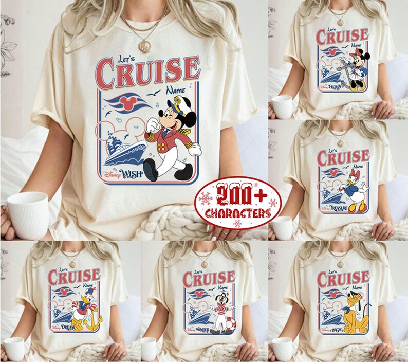 The image is a collage of six images featuring a person wearing a white t-shirt with a Disney cruise-themed design. The t-shirt has a Mickey Mouse and Minnie Mouse motif, along with a cruise ship and other cruise-related imagery. The person is also holding a cup, and the overall layout of the collage suggests a collection of related images.