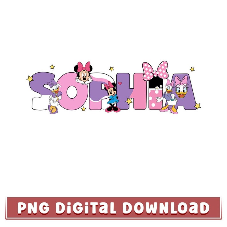 Puede incluir: Gr&aacute;fico digital con el nombre "SOPHIA" en letras moradas y rosas, decorado con personajes de dibujos animados. Minnie Mouse, Daisy Duck y otros personajes est&aacute;n incluidos. La imagen est&aacute; sobre un fondo blanco con estrellas amarillas.