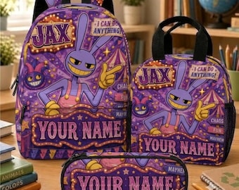 May include: A purple backpack, lunch bag, and pencil case set featuring a cartoon rabbit character named Jax, circus-themed graphics, and the text "JAX", "I CAN DO ANYTHING", and "YOUR NAME" printed on each item with yellow and orange accents.