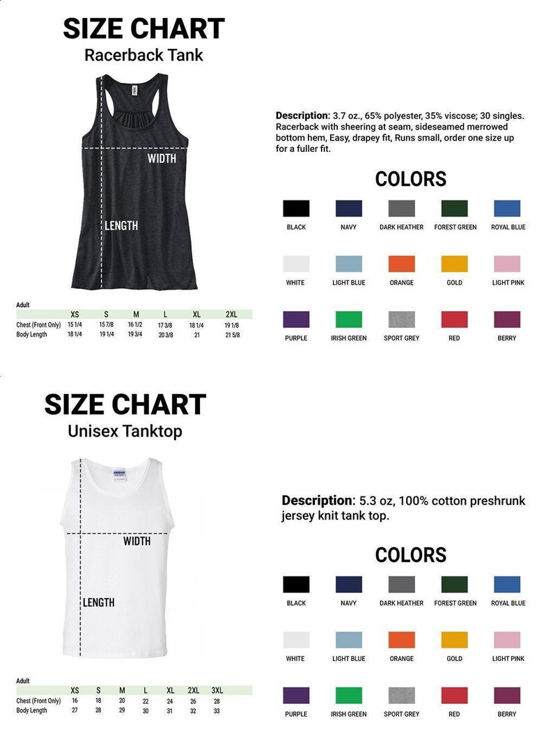 The image is a size chart for a racerback tank top, displaying the dimensions and color options available for the tank top.
