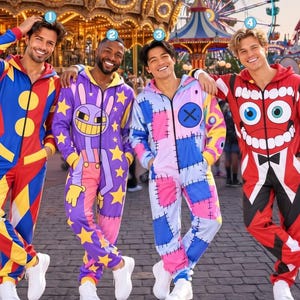 Peut inclure: Quatre combinaisons à capuche avec fermetures éclair sur le devant. La première est rouge, bleue et jaune avec des motifs circulaires. La deuxième est violette avec des étoiles jaunes et un lapin. La troisième est un patchwork bleu et rose.