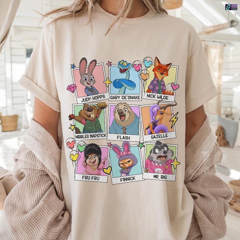 Comfort Colors Disneyland Zootopia 2 Characters Photo Portrait Shirt, Zootopia Nick Judy Hopps Gary Nibbles Tee, Disneyworld Family Matching image 1