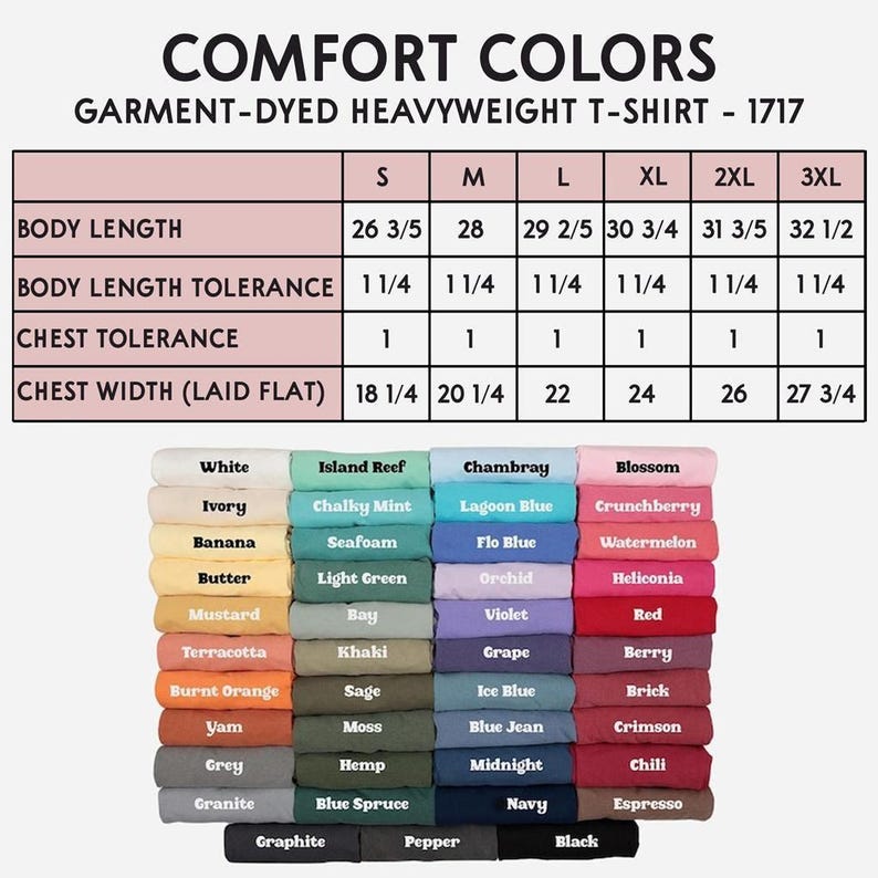 The image is a color swatch for a heavyweight t-shirt, showing various colors and sizes available in a garment-dyed heavyweight t-shirt.