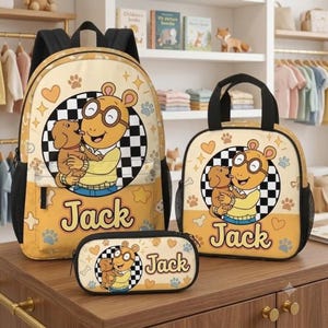 Conjunto personalizado de mochila de dibujos animados de Arthur, mochila escolar con nombre personalizado, lonchera y estuche para lápices de Arthur Read, mochila para libros de dibujos animados, regalo de regreso a clases