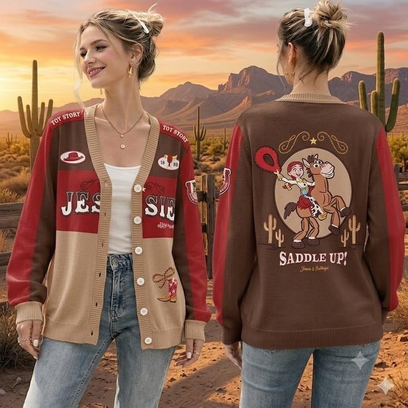 Disneyland Toy Story Jessie Cardigan, Bullseye Saddle Up Sweater, Disneyland Vacation, Retro Cowgirl Western Knit, Cowboy Costume Cardigan image 1