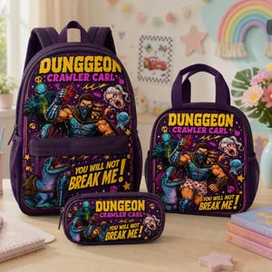 May include: A purple backpack, lunch bag, and pencil case set featuring Dungeon Crawler Carl graphics. The designs include a central male figure, a dinosaur, and text reading Dungeon Crawler Carl and You Will Not Break Me in yellow.