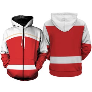 A red and white hooded sweatshirt with a white stripe down the center.