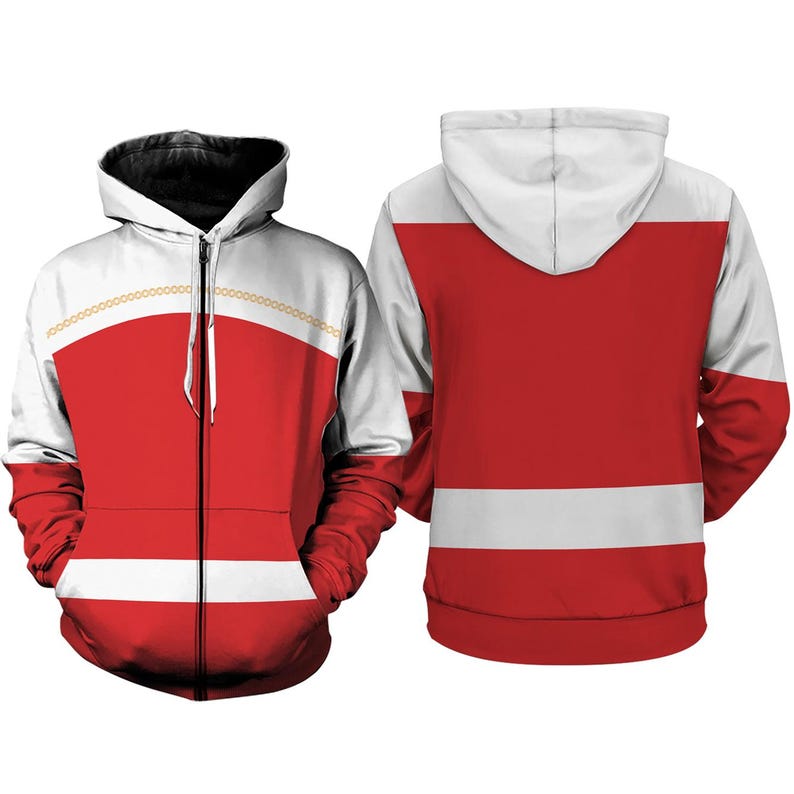 A red and white hooded sweatshirt with a white stripe down the center.