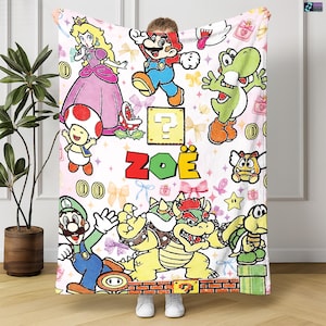 Personalized Super Mario Watercolor Coquette Bow Blanket, Custom Name Mario Blanket, Mario Bowser Luigi Princess Peach Blanket Birthday Gift