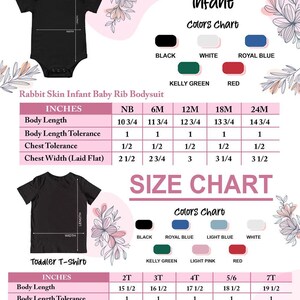 The image is a size chart for a rabbit skin infant baby rib body suit, including color charts and measurements for different age groups.