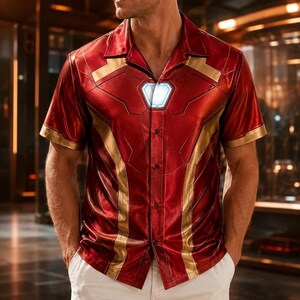 Iron Man Hawaiian Shirt, Superhero Inspired Costume Shirt, Iron Man Movie Cosplay Outfit, Superhero Fan Gift, Halloween Gift