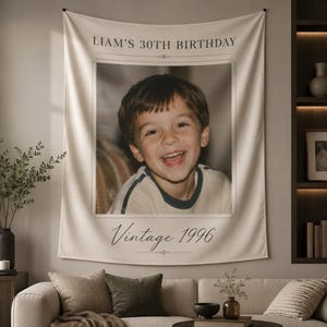 May include: A rectangular wall tapestry featuring a centered photograph of a smiling young child. The text LIAM'S 30TH BIRTHDAY is printed in black at the top, and the text Vintage 1996 is printed in a cursive script at the bottom of the fabric.